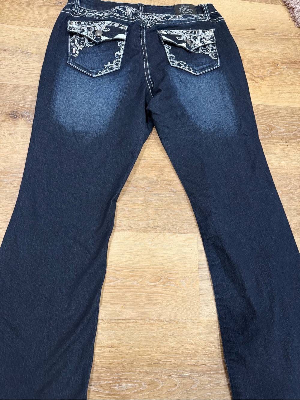 Love Indigo Dark Blue Boot Cut Jeans with Embroidered Flap Pockets